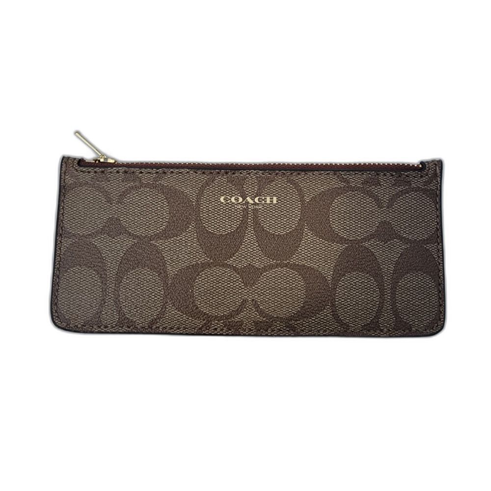 Coach Brown Signature Zip Wallet Pouch with Gold Logo